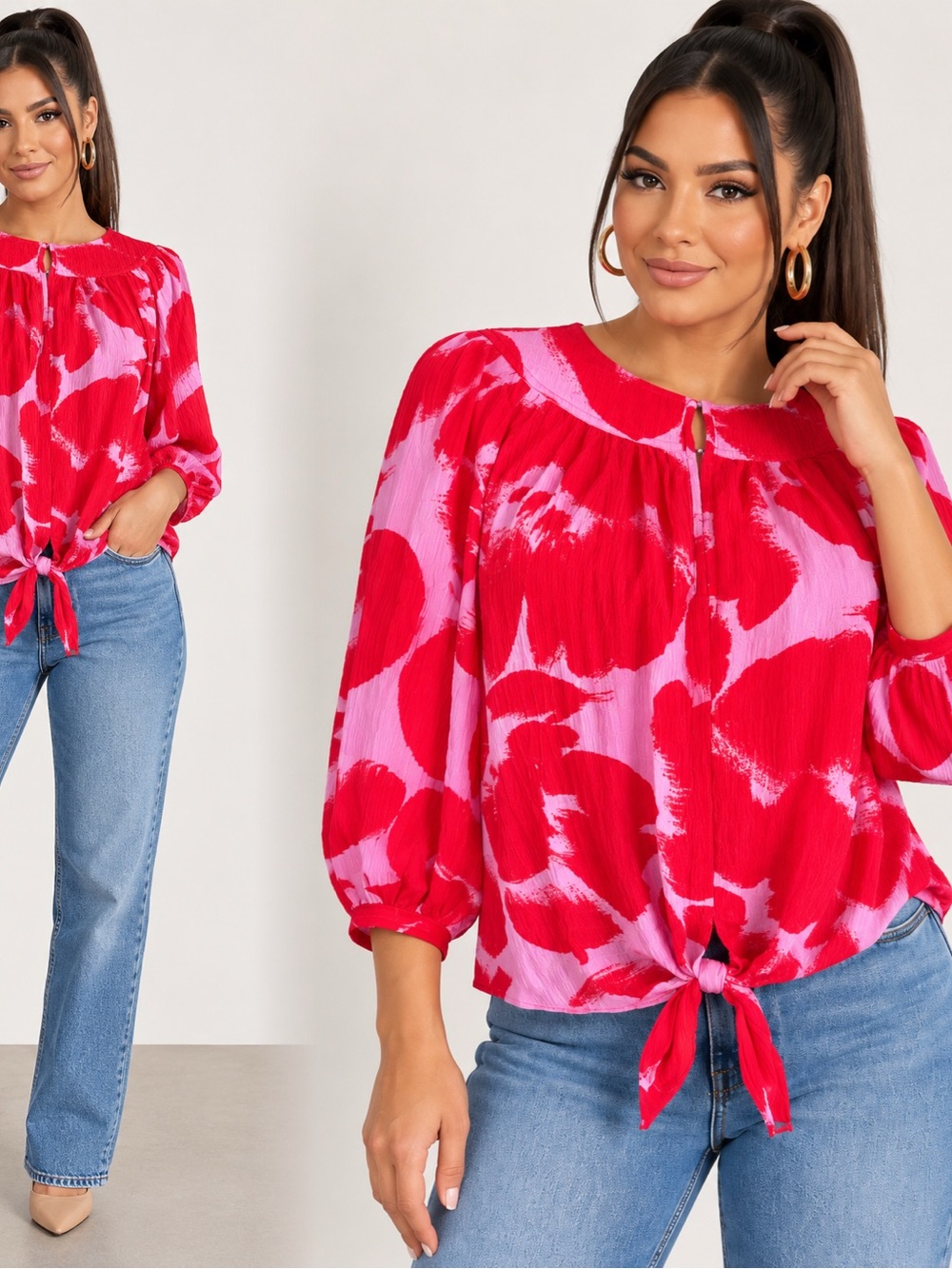Rose & Olive Red and Pink Tie-Front Peasant Blouse